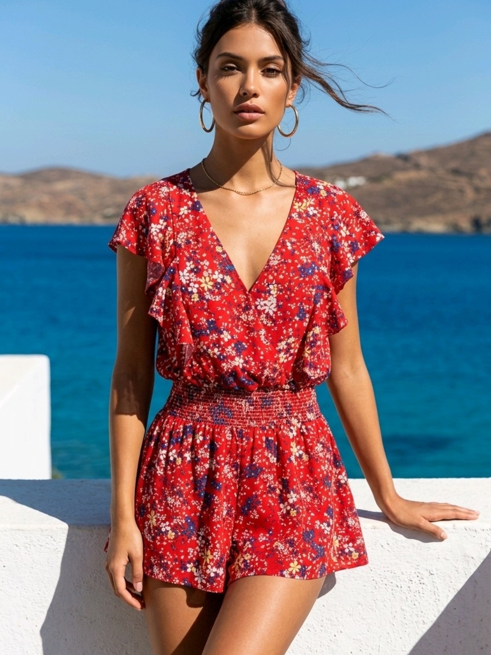 Parker Red Floral Ruffle Mini Dress Drop Waist Summer Boho Size Medium